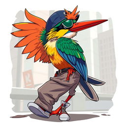 An anime-style kingfisher bird with a rapper flow, dressed in stylish pants, exuding a cool and confident urban vibe