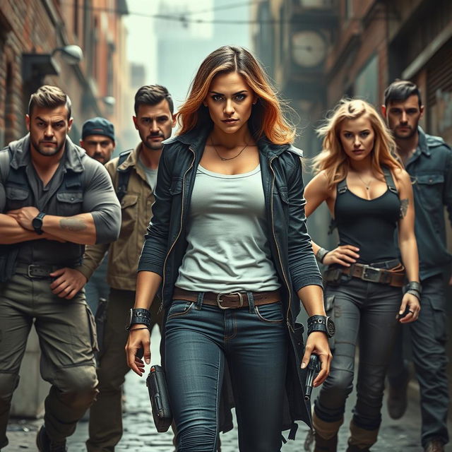 A dynamic scene featuring a confident and fierce woman leading a team to fight against the mafia