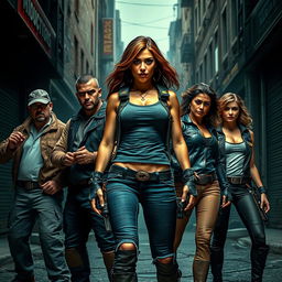 A dynamic scene featuring a confident and fierce woman leading a team to fight against the mafia