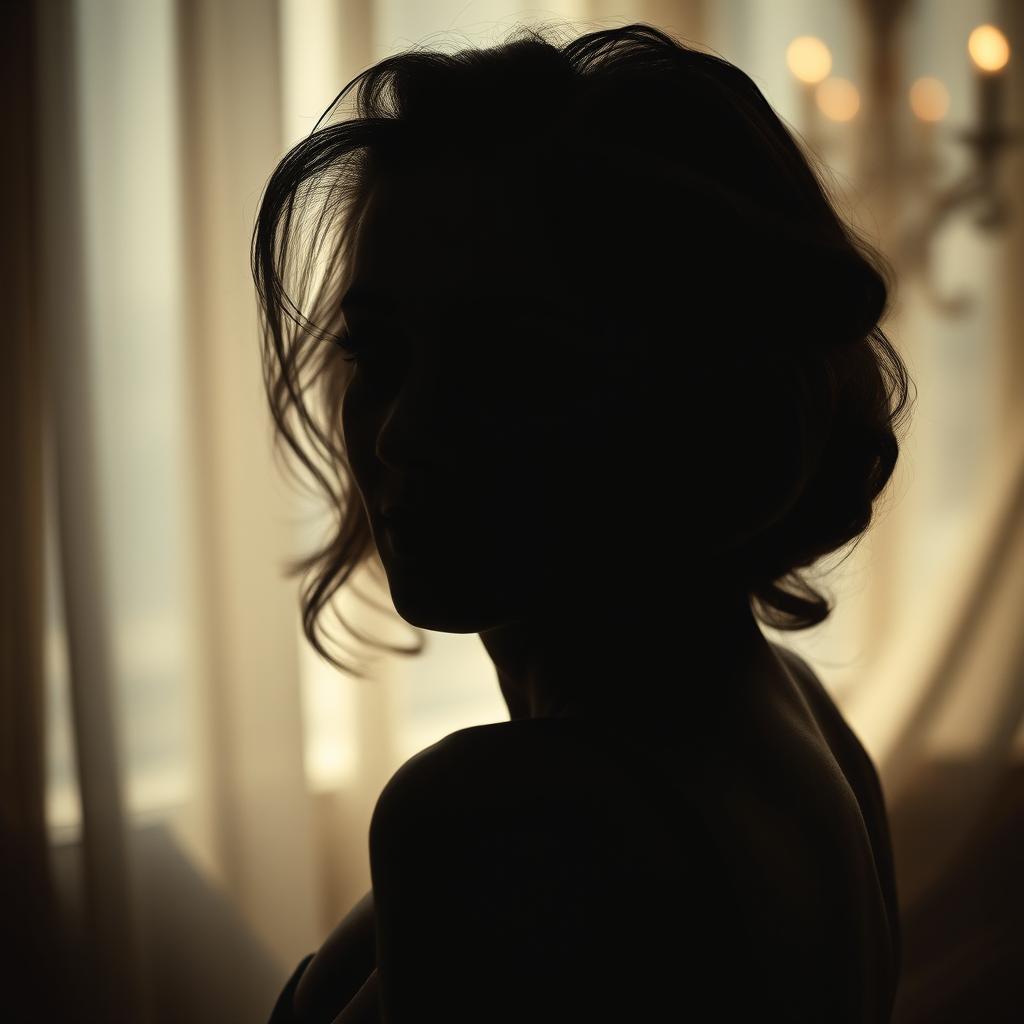 sensual and elegant portrayal of a mature woman with an aura of sophistication, her figure tastefully obscured by shadows and soft-focus photography, surrounded by an atmosphere of luxury and mystery