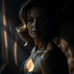 sensual and elegant portrayal of a mature woman with an aura of sophistication, her figure tastefully obscured by shadows and soft-focus photography, surrounded by an atmosphere of luxury and mystery