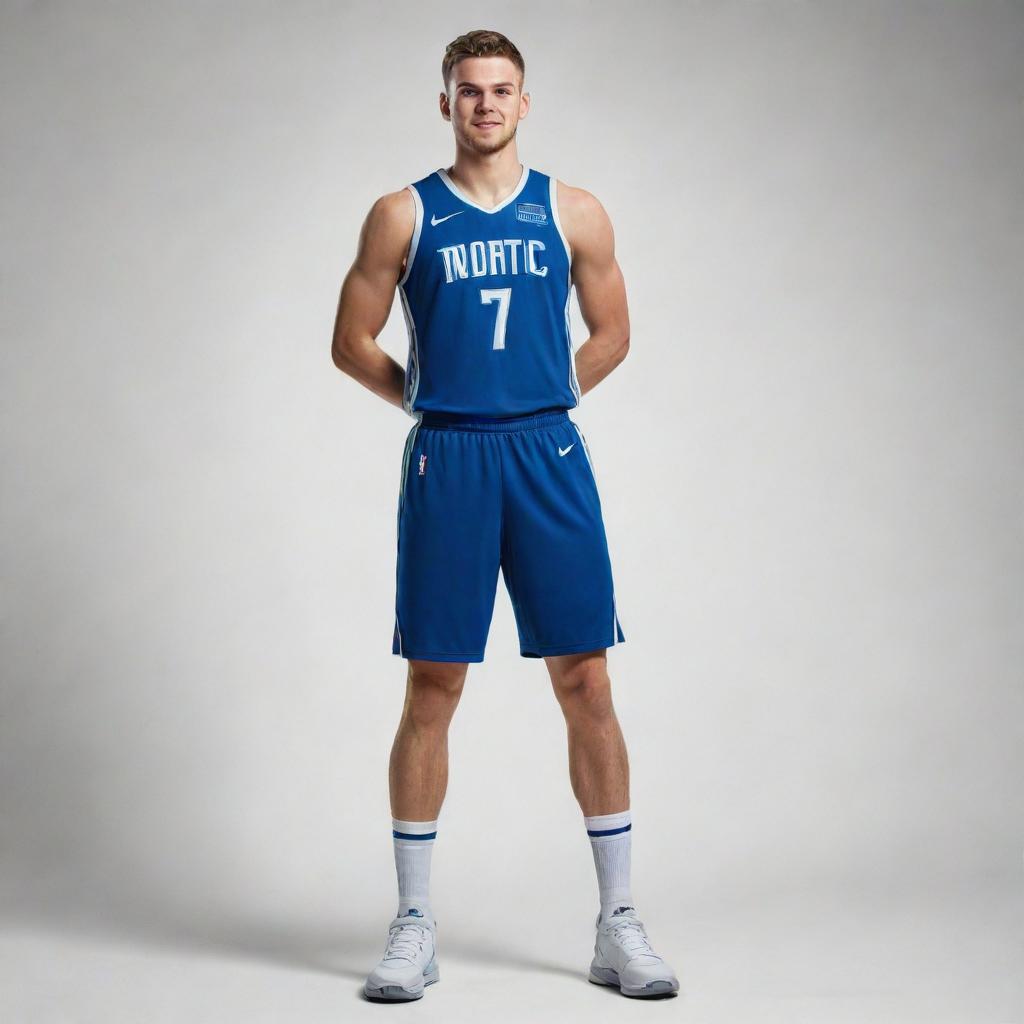 An artwork of a skinny version of professional basketball player Luka Doncic, standing next to his original athletic physique. Both full-sized, detailed, and wearing their team uniform.