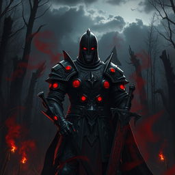 A sinister and malevolent knight standing in a dark forest, dressed in intricate black armor with glowing red accents