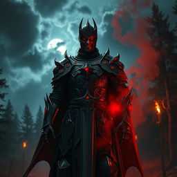 A sinister and malevolent knight standing in a dark forest, dressed in intricate black armor with glowing red accents