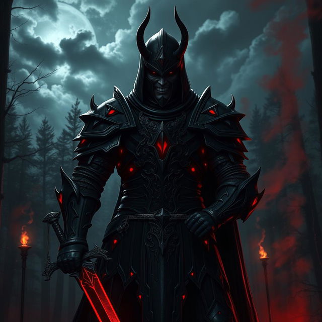 A sinister and malevolent knight standing in a dark forest, dressed in intricate black armor with glowing red accents