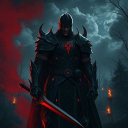 A sinister and malevolent knight standing in a dark forest, dressed in intricate black armor with glowing red accents