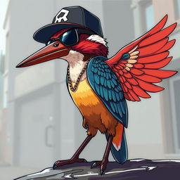 An anime-style kingfisher bird with a rapper vibe, exuding a cool and confident urban flow