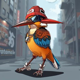 An anime-style kingfisher bird with a rapper vibe, exuding a cool and confident urban flow