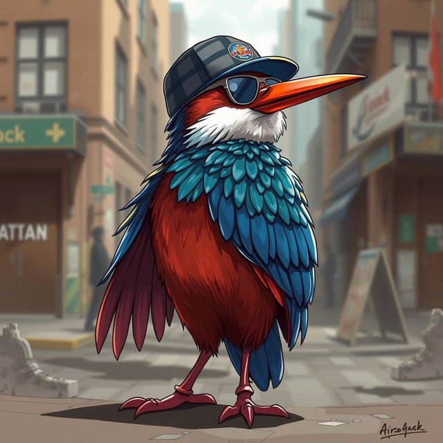 An anime-style kingfisher bird with a rapper vibe, exuding a cool and confident urban flow