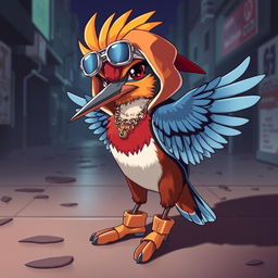 An anime-style kingfisher bird with a rapper vibe, exuding a cool and confident urban flow