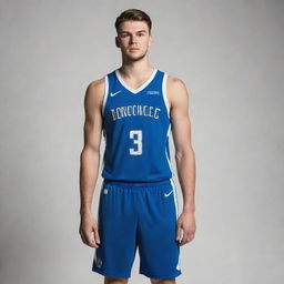 An artwork of a skinny version of professional basketball player Luka Doncic, standing next to his original athletic physique. Both full-sized, detailed, and wearing their team uniform.