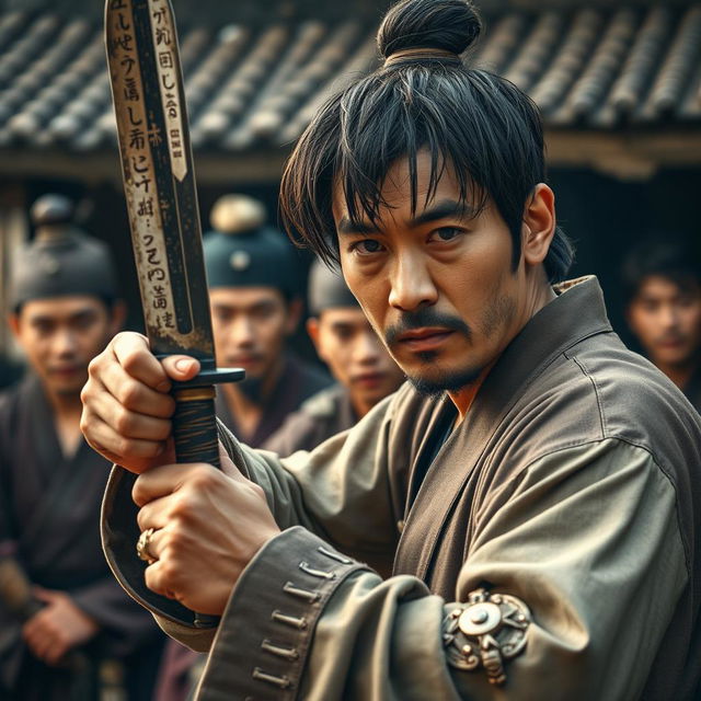 A dramatic portrayal of a man holding a traditional rencong knife