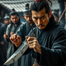 A dramatic portrayal of a man holding a traditional rencong knife