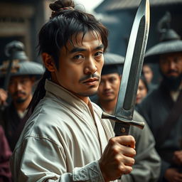 A dramatic portrayal of a man holding a traditional rencong knife