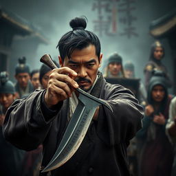 A dramatic portrayal of a man holding a traditional rencong knife