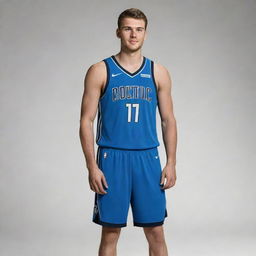 An artwork of a skinny version of professional basketball player Luka Doncic, standing next to his original athletic physique. Both full-sized, detailed, and wearing their team uniform.