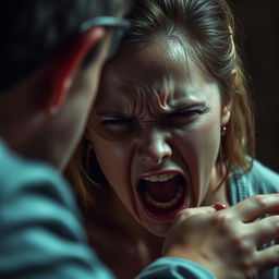 A suspenseful and intense scene featuring a woman in distress, conveying strong emotions of fear and tension