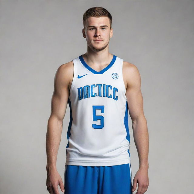 An artwork of a skinny version of professional basketball player Luka Doncic, standing next to his original athletic physique. Both full-sized, detailed, and wearing their team uniform.