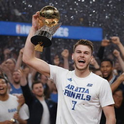 An exhilarating scene of Luka Doncic, the professional basketball player, triumphantly holding up the NBA Finals championship trophy. The crowd is cheering and confetti rains down around him.