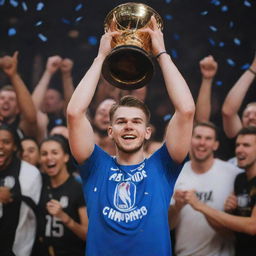 An exhilarating scene of Luka Doncic, the professional basketball player, triumphantly holding up the NBA Finals championship trophy. The crowd is cheering and confetti rains down around him.