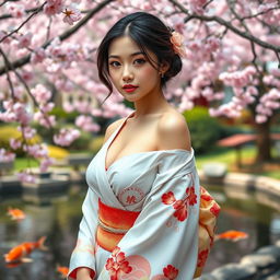 A young Japanese woman with very large breasts, standing gracefully in a serene Japanese garden during cherry blossom season