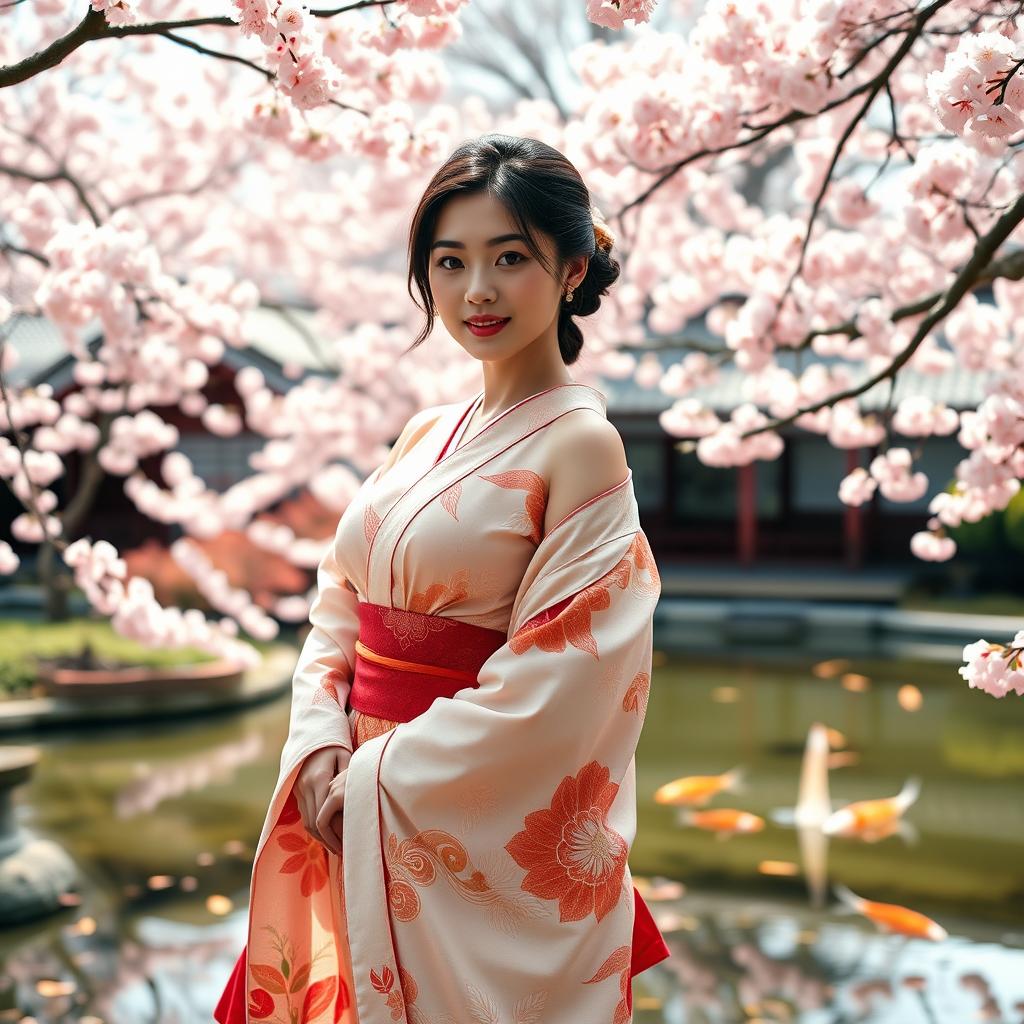 A young Japanese woman with very large breasts, standing gracefully in a serene Japanese garden during cherry blossom season