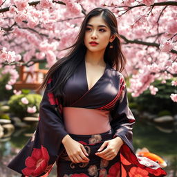 A young Japanese woman with very large breasts, standing gracefully in a serene Japanese garden during cherry blossom season