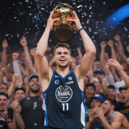 An exhilarating scene of Luka Doncic, the professional basketball player, triumphantly holding up the NBA Finals championship trophy. The crowd is cheering and confetti rains down around him.