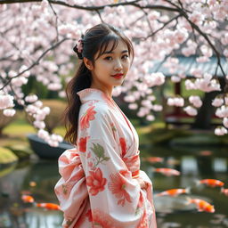 A very young-looking Japanese woman, depicted in a full-body shot, standing gracefully in a serene Japanese garden during cherry blossom season