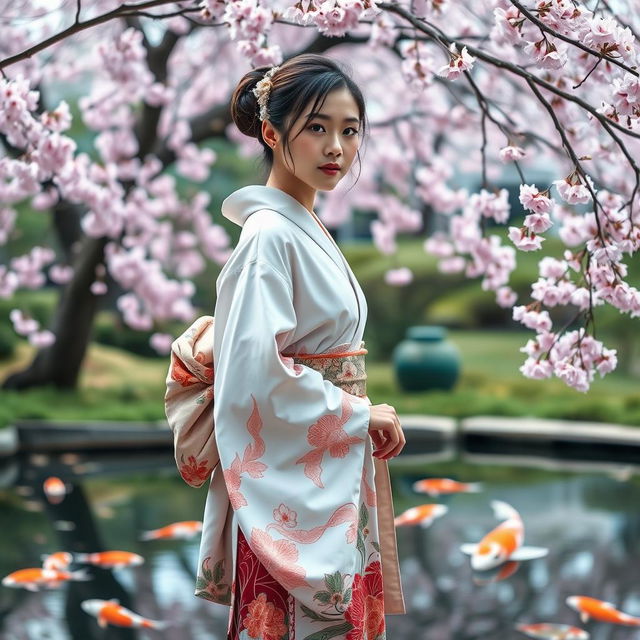 A very young-looking Japanese woman, depicted in a full-body shot, standing gracefully in a serene Japanese garden during cherry blossom season