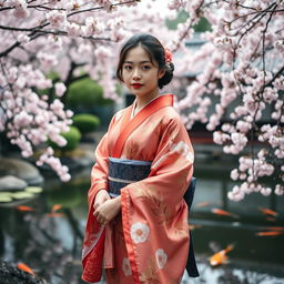 A very young-looking Japanese woman, depicted in a full-body shot, standing gracefully in a serene Japanese garden during cherry blossom season