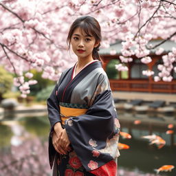 A very young-looking Japanese woman, depicted in a full-body shot, standing gracefully in a serene Japanese garden during cherry blossom season