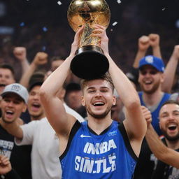 An exhilarating scene of Luka Doncic, the professional basketball player, triumphantly holding up the NBA Finals championship trophy. The crowd is cheering and confetti rains down around him.