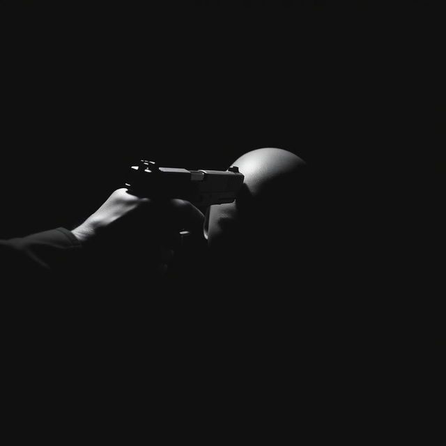 A compelling black and white image depicting a tense scene with a gun pointed directly at a person's head