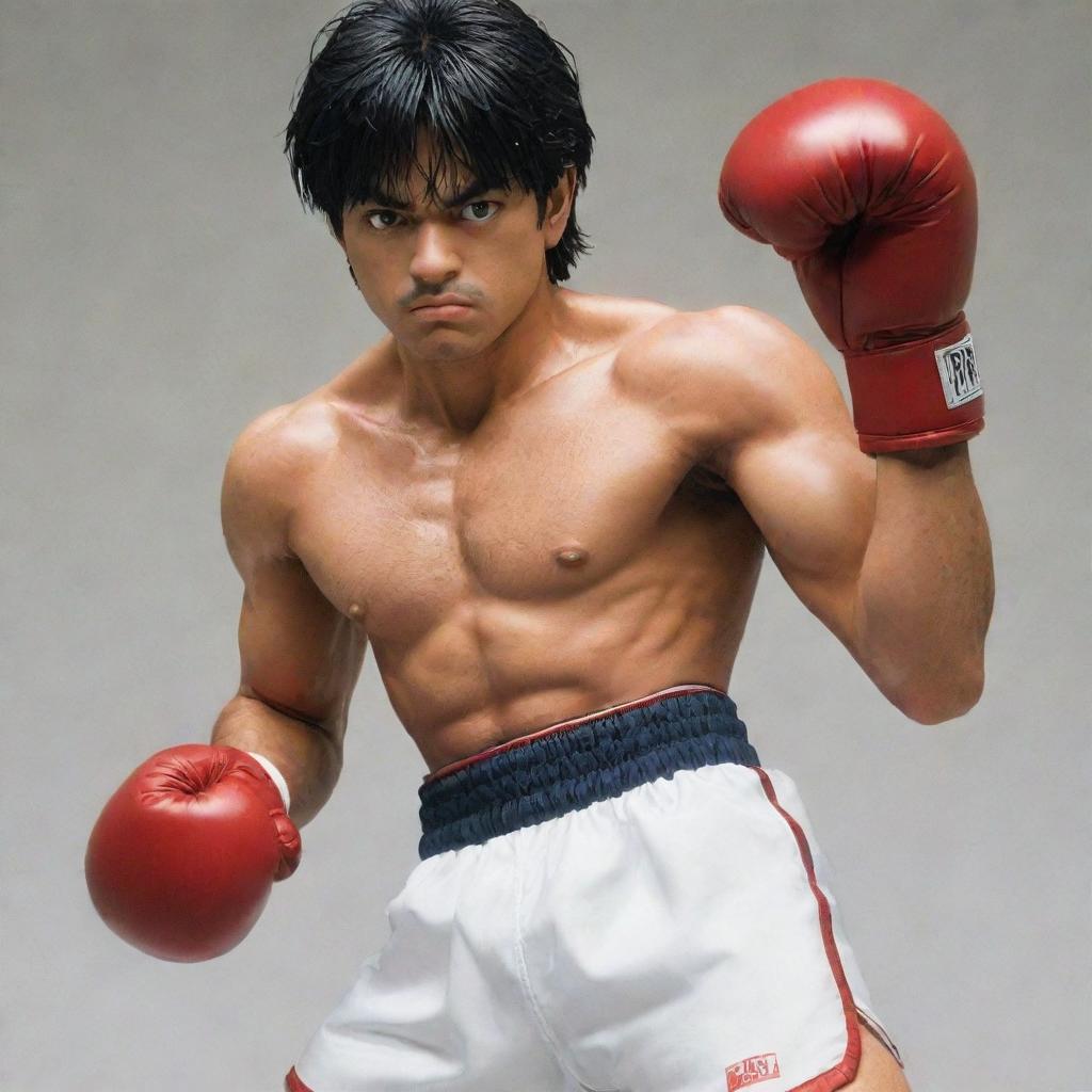 A gritty, detailed image of Ippo Makunouchi, the protagonist from Hajime No Ippo, in his classic boxing stance, wearing his signature boxing gloves and trunks.