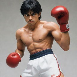 A gritty, detailed image of Ippo Makunouchi, the protagonist from Hajime No Ippo, in his classic boxing stance, wearing his signature boxing gloves and trunks.