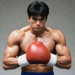 A gritty, detailed image of Ippo Makunouchi, the protagonist from Hajime No Ippo, in his classic boxing stance, wearing his signature boxing gloves and trunks.