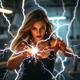 An electrifying and suspenseful scene featuring a woman experiencing a thrilling encounter with electricity