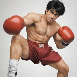 A gritty, detailed image of Ippo Makunouchi, the protagonist from Hajime No Ippo, in his classic boxing stance, wearing his signature boxing gloves and trunks.