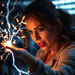 An electrifying and suspenseful scene featuring a woman experiencing a thrilling encounter with electricity