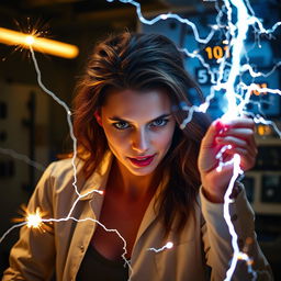 An electrifying and suspenseful scene featuring a woman experiencing a thrilling encounter with electricity