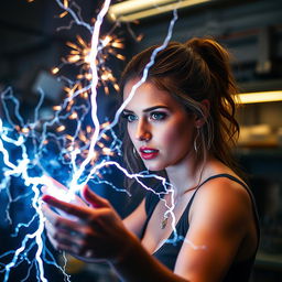 An electrifying and suspenseful scene featuring a woman experiencing a thrilling encounter with electricity