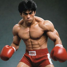 A gritty, detailed image of Ippo Makunouchi, the protagonist from Hajime No Ippo, in his classic boxing stance, wearing his signature boxing gloves and trunks.