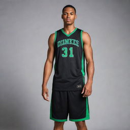 A sleek black basketball jersey with stylish green details. Incorporate elements of sporty elegance and athletic flair into the design layout.