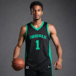 A sleek black basketball jersey with stylish green details. Incorporate elements of sporty elegance and athletic flair into the design layout.