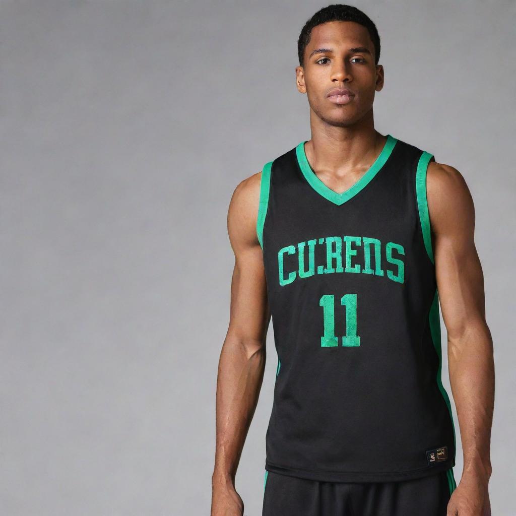 A sleek black basketball jersey with stylish green details. Incorporate elements of sporty elegance and athletic flair into the design layout.