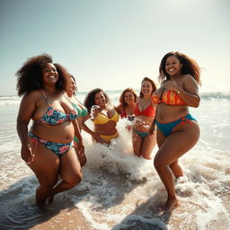 A lively group of women with curvy and voluptuous figures enjoying a playful splash in the ocean at the beach