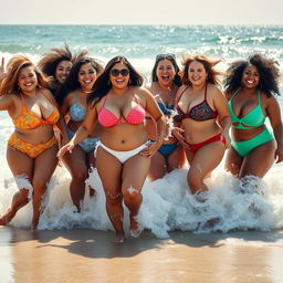 A lively group of women with curvy and voluptuous figures enjoying a playful splash in the ocean at the beach