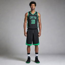 A sleek black basketball jersey with stylish green details. Incorporate elements of sporty elegance and athletic flair into the design layout.