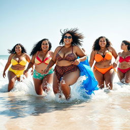 A lively group of women with curvy and voluptuous figures enjoying a playful splash in the ocean at the beach